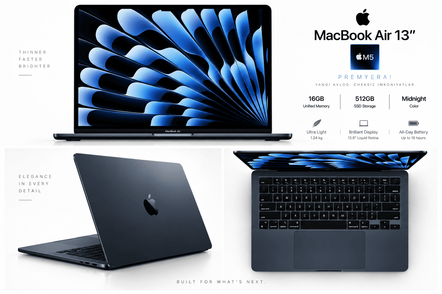 Noutbuk Apple MacBook Air 13 M5 16GB/512GB Midnight. Premyera!