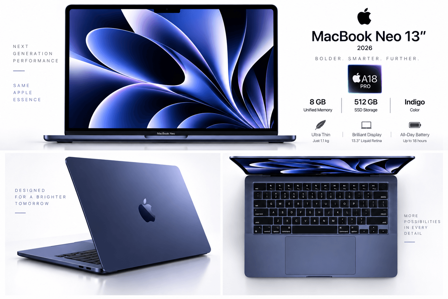 Noutbuk Apple MacBook Neo 13" (2026), A18 Pro, 8 GB/512 GB, Indigo