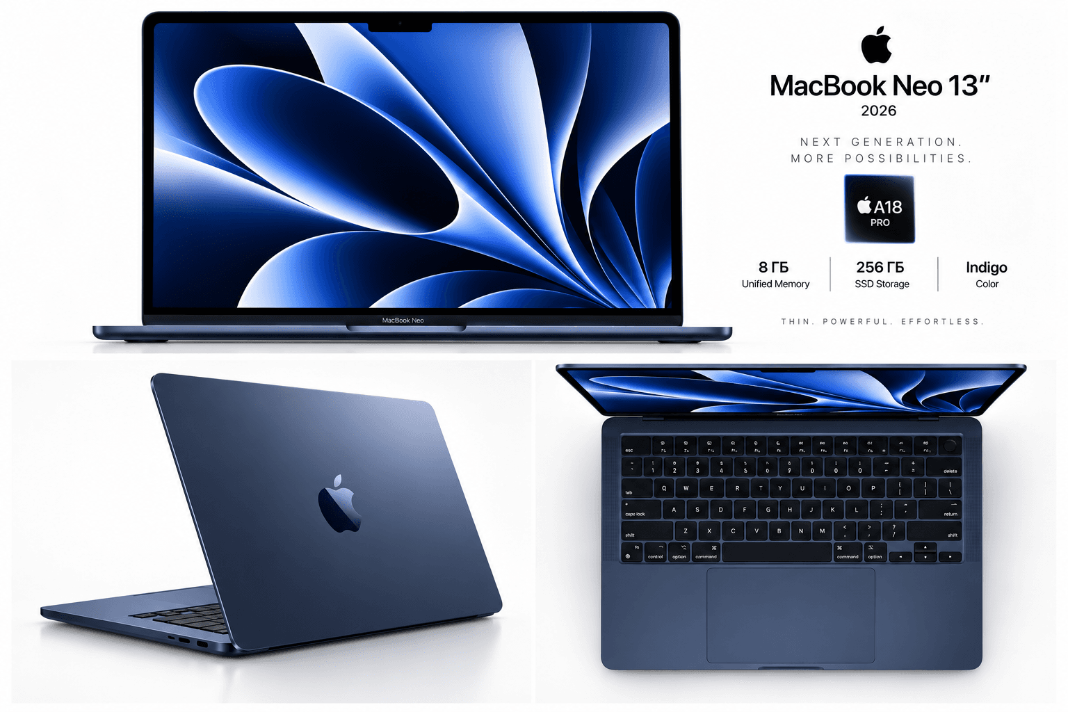 Noutbuk Apple MacBook Neo 13" (2026), A18 Pro, 8 ΠΠ/256 ΠΠ, Indigo